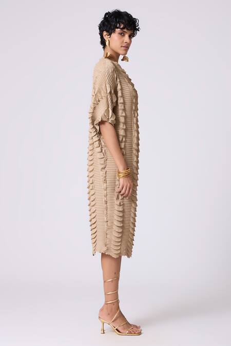 Shop_Scarlet Sage_Beige Polyester V-neck Jolene Textured Dress_Online_at_Aza_Fashions