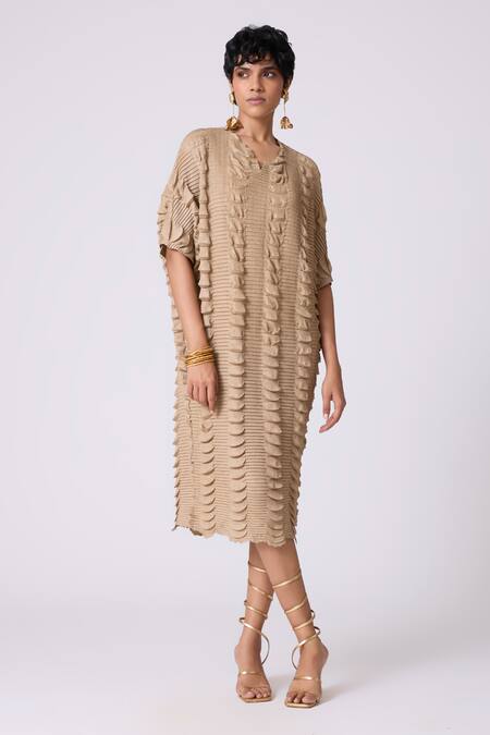 Scarlet Sage_Beige Polyester V-neck Jolene Textured Dress_at_Aza_Fashions