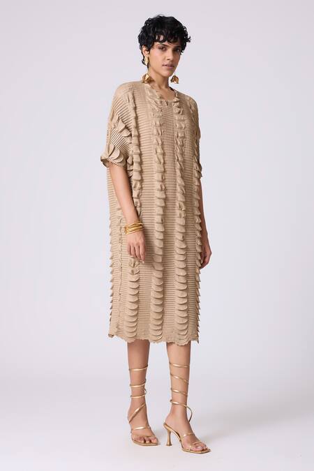 Buy_Scarlet Sage_Beige Polyester V-neck Jolene Textured Dress