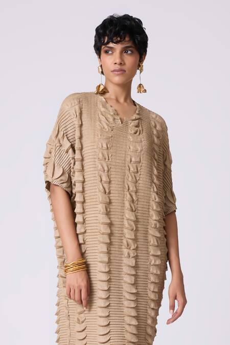 Shop_Scarlet Sage_Beige Polyester V-neck Jolene Textured Dress