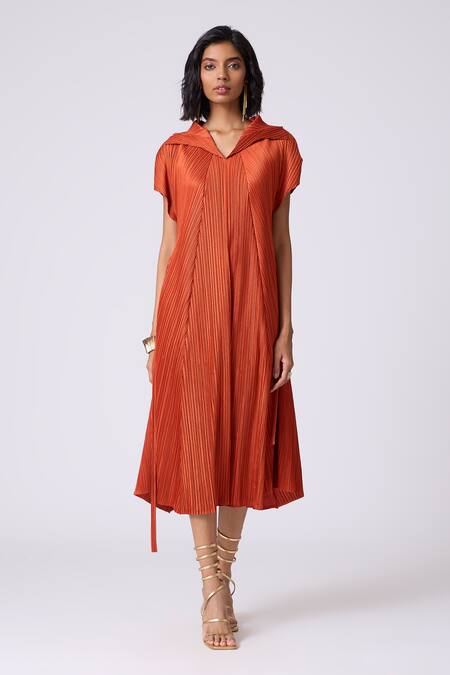 Scarlet Sage Rust Polyester Collared Viola Dress With Belt Online at Aza Fashions Scarlet Sage_Rust Polyester Collared Viola Dress With Belt_Online_at_Aza_Fashions
