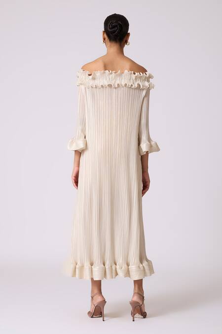 Shop Scarlet Sage Ivory Polyester Ruffles Off-shoulder Micayla Dress With Belt at Aza Fashions Shop_Scarlet Sage_Ivory Polyester Ruffles Off-shoulder Micayla Dress With Belt_at_Aza_Fashions