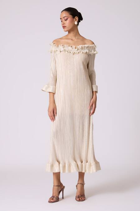 Scarlet Sage Ivory Polyester Ruffles Off-shoulder Micayla Dress With Belt Online at Aza Fashions Scarlet Sage_Ivory Polyester Ruffles Off-shoulder Micayla Dress With Belt_Online_at_Aza_Fashions