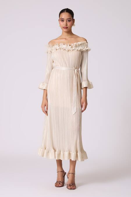 Buy Scarlet Sage Ivory Polyester Ruffles Off-shoulder Micayla Dress With Belt Online at Aza Fashions Buy_Scarlet Sage_Ivory Polyester Ruffles Off-shoulder Micayla Dress With Belt_Online_at_Aza_Fashions