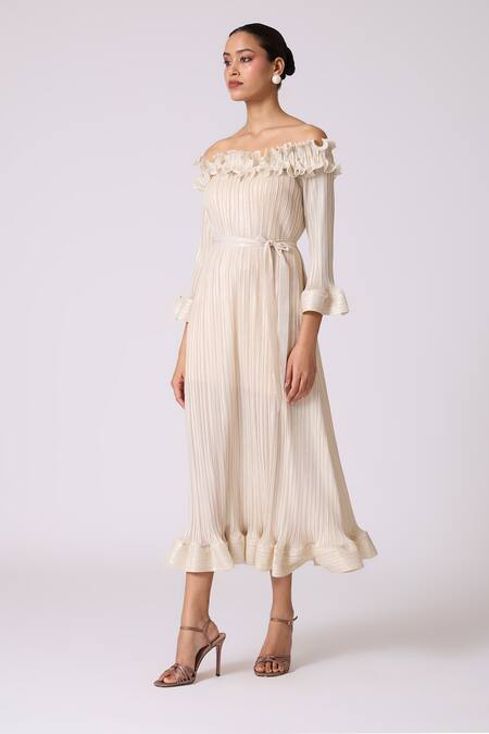 Shop Scarlet Sage Ivory Polyester Ruffles Off-shoulder Micayla Dress With Belt Online at Aza Fashions Shop_Scarlet Sage_Ivory Polyester Ruffles Off-shoulder Micayla Dress With Belt_Online_at_Aza_Fashions