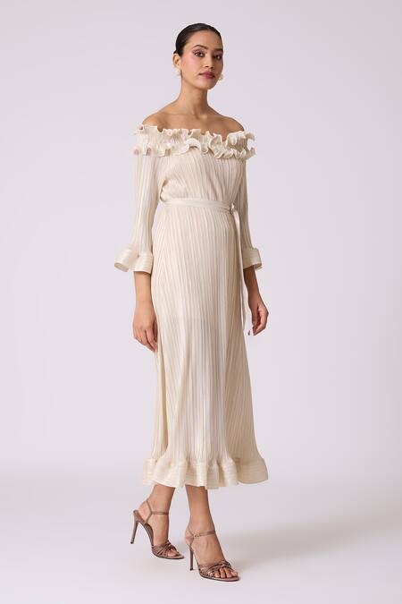 Scarlet Sage Ivory Polyester Ruffles Off-shoulder Micayla Dress With Belt at Aza Fashions Scarlet Sage_Ivory Polyester Ruffles Off-shoulder Micayla Dress With Belt_at_Aza_Fashions