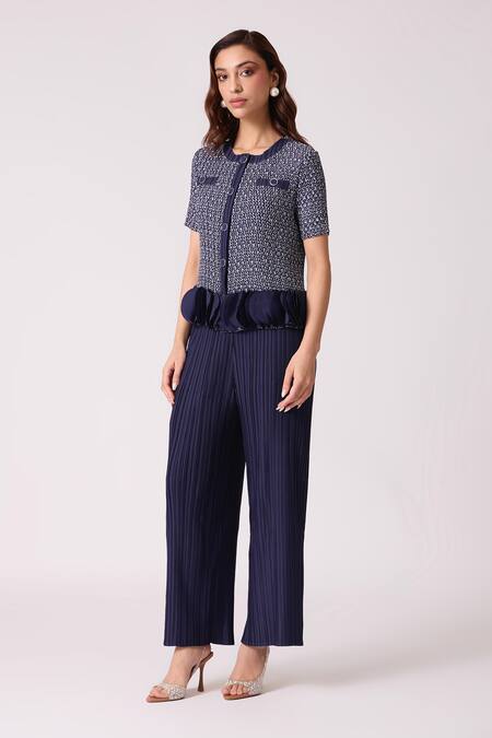 Scarlet Sage_Navy Polyester Ruffles Round Neck Emilia Top With Pant _Online_at_Aza_Fashions