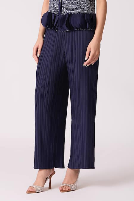 Buy_Scarlet Sage_Navy Polyester Ruffles Round Neck Emilia Top With Pant _Online_at_Aza_Fashions