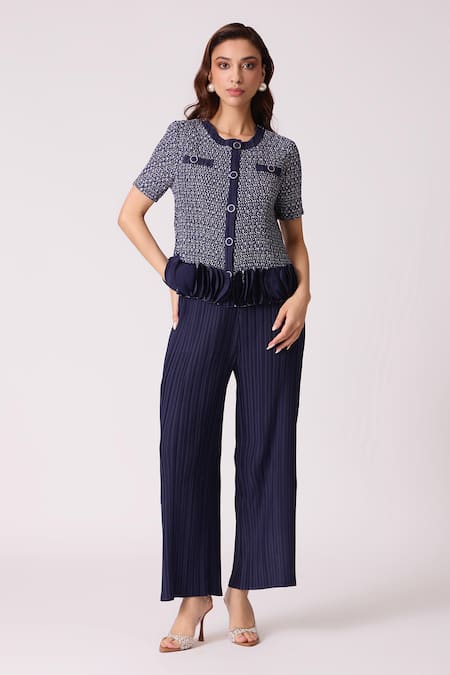 Scarlet Sage Navy Polyester Ruffles Round Neck Emilia Top With Pant 