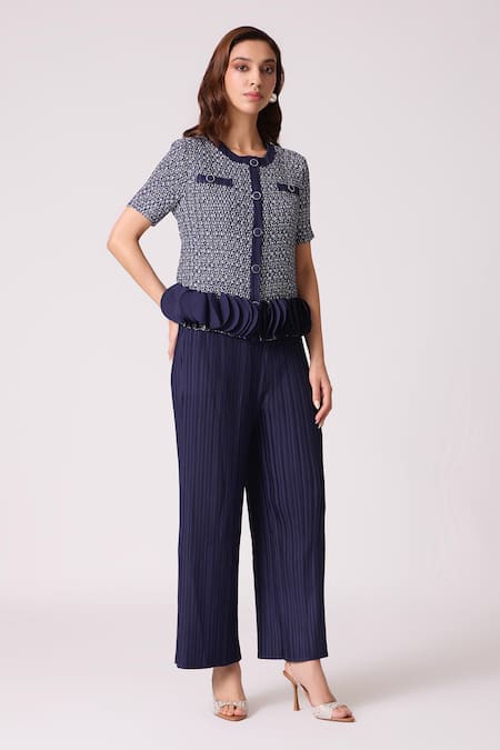 Shop_Scarlet Sage_Navy Polyester Ruffles Round Neck Emilia Top With Pant _Online_at_Aza_Fashions