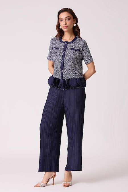 Scarlet Sage_Navy Polyester Ruffles Round Neck Emilia Top With Pant _at_Aza_Fashions
