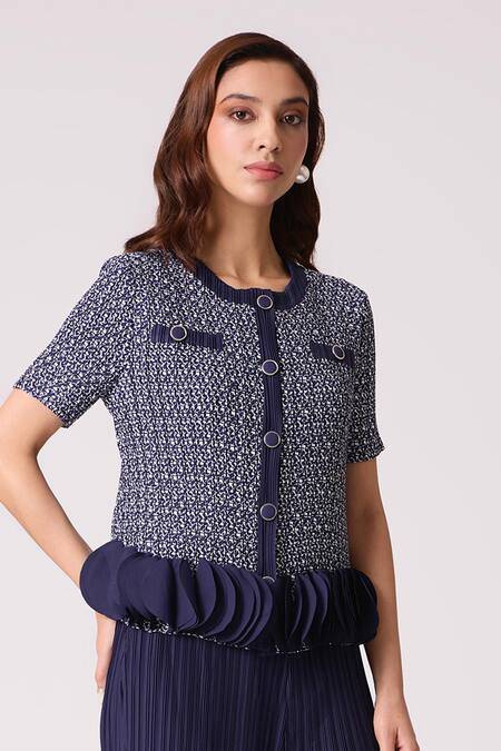Buy_Scarlet Sage_Navy Polyester Ruffles Round Neck Emilia Top With Pant 