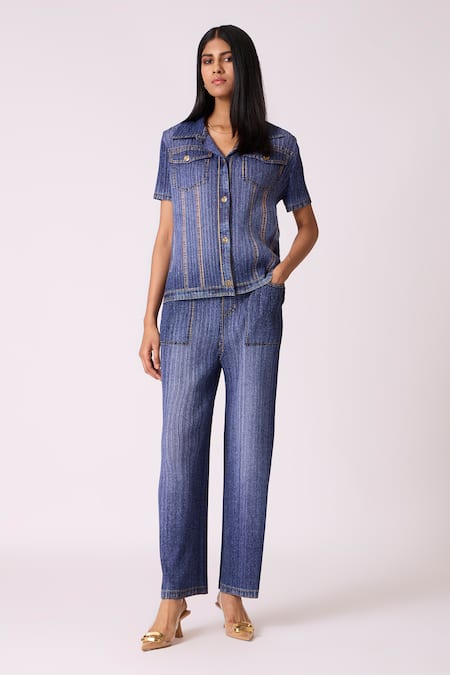 Scarlet Sage Blue Polyester Collared Emilia Denim Wash Top With Pant 