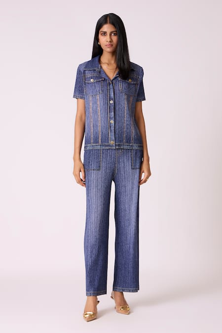 Scarlet Sage_Blue Polyester Collared Emilia Denim Wash Top With Pant_Online_at_Aza_Fashions