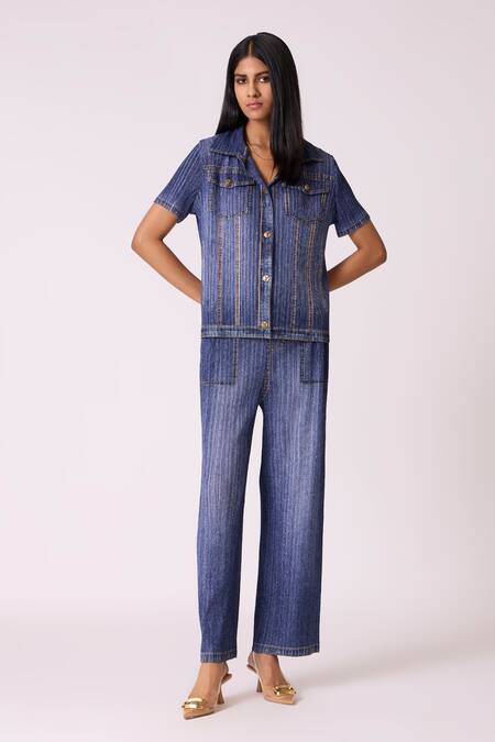 Buy_Scarlet Sage_Blue Polyester Collared Emilia Denim Wash Top With Pant_Online_at_Aza_Fashions