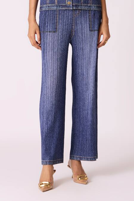 Shop_Scarlet Sage_Blue Polyester Collared Emilia Denim Wash Top With Pant_Online_at_Aza_Fashions