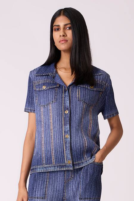 Scarlet Sage_Blue Polyester Collared Emilia Denim Wash Top With Pant_at_Aza_Fashions