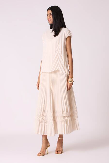 Scarlet Sage_Off White Polyester Boat Neck Oasis Top With Skirt_Online_at_Aza_Fashions