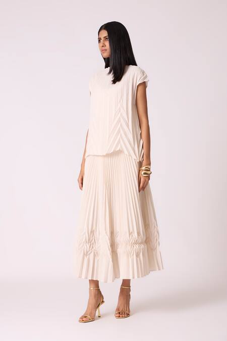 Buy_Scarlet Sage_Off White Polyester Boat Neck Oasis Top With Skirt_Online_at_Aza_Fashions