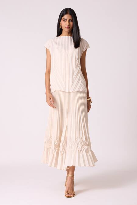 Shop_Scarlet Sage_Off White Polyester Boat Neck Oasis Top With Skirt_Online_at_Aza_Fashions