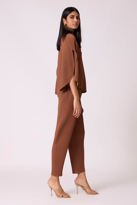 Scarlet Sage_Brown Polyester Round Neck Darell Top With Pant_Online_at_Aza_Fashions