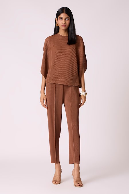 Buy_Scarlet Sage_Brown Polyester Round Neck Darell Top With Pant_Online_at_Aza_Fashions