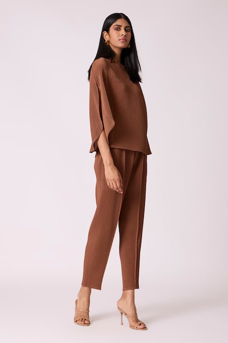 Shop_Scarlet Sage_Brown Polyester Round Neck Darell Top With Pant_Online_at_Aza_Fashions
