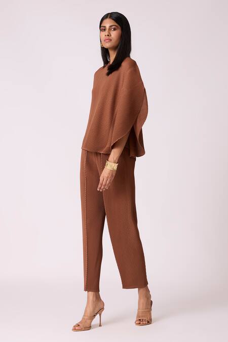 Scarlet Sage_Brown Polyester Round Neck Darell Top With Pant_at_Aza_Fashions