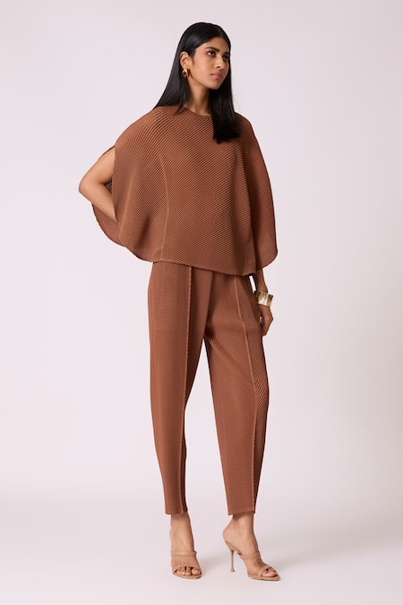 Scarlet Sage Brown Polyester Round Neck Darell Top With Pant 