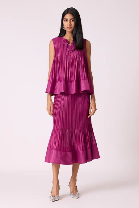 Scarlet Sage_Magenta Polyester Fabric Flowers Round Neck Celestine Top With Skirt _Online_at_Aza_Fashions