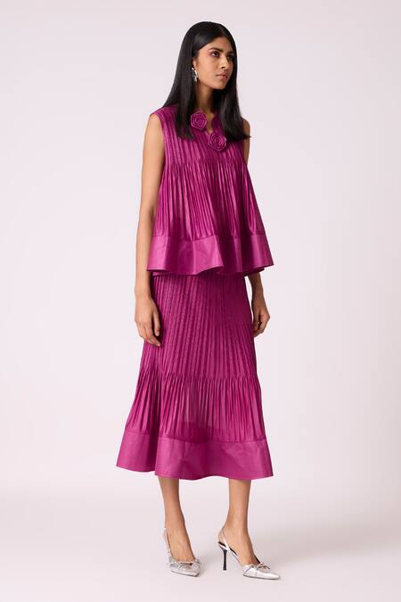 Buy_Scarlet Sage_Magenta Polyester Fabric Flowers Round Neck Celestine Top With Skirt _Online_at_Aza_Fashions