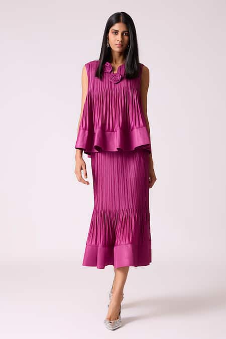 Shop_Scarlet Sage_Magenta Polyester Fabric Flowers Round Neck Celestine Top With Skirt _Online_at_Aza_Fashions