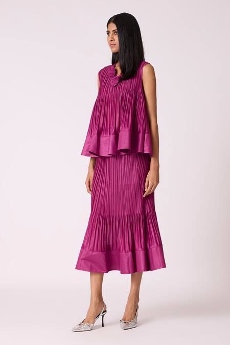 Scarlet Sage_Magenta Polyester Fabric Flowers Round Neck Celestine Top With Skirt _at_Aza_Fashions