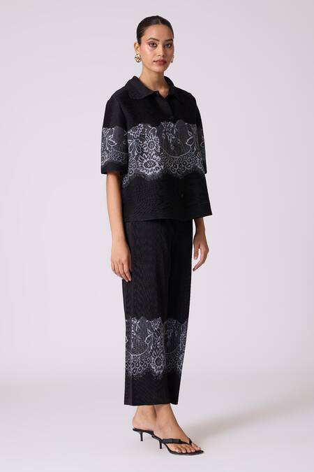 Buy Scarlet Sage Black Polyester Collared Elisa Lace Shirt With Pant Online at Aza Fashions Buy_Scarlet Sage_Black Polyester Collared Elisa Lace Shirt With Pant_Online_at_Aza_Fashions