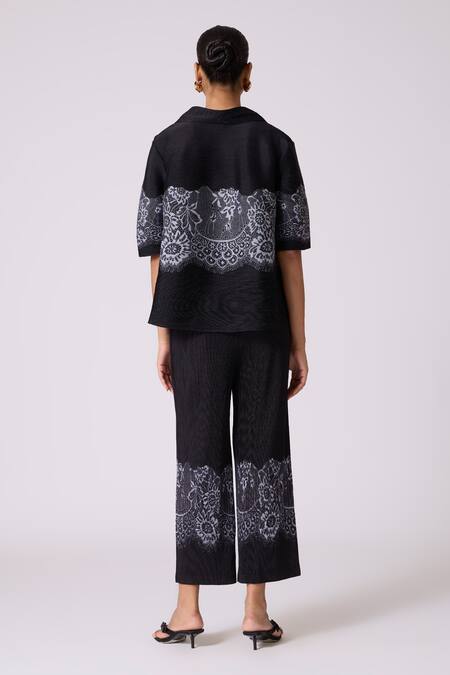 Shop Scarlet Sage Black Polyester Collared Elisa Lace Shirt With Pant at Aza Fashions Shop_Scarlet Sage_Black Polyester Collared Elisa Lace Shirt With Pant_at_Aza_Fashions
