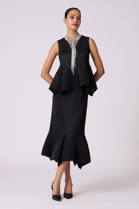 Scarlet Sage_Black Polyester Round Neck Cara Skirt Set _at_Aza_Fashions