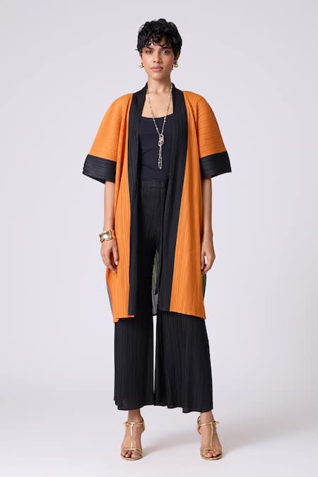 Scarlet Sage_Orange Polyester Open Neck Art Print Overlay _Online_at_Aza_Fashions