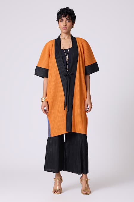 Scarlet Sage_Orange Polyester Open Neck Art Print Overlay _at_Aza_Fashions