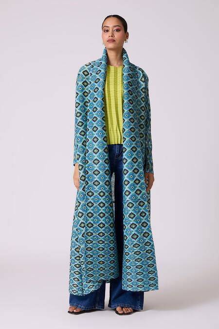 Scarlet Sage_Blue Polyester Shawl , Crew Mirel Print Jacket And Top Set _Online_at_Aza_Fashions