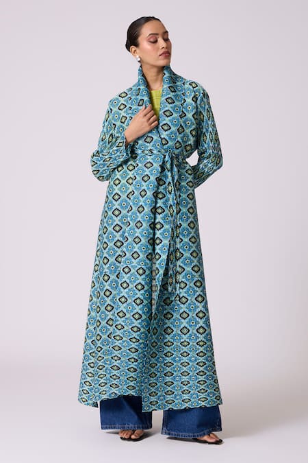 Buy_Scarlet Sage_Blue Polyester Shawl , Crew Mirel Print Jacket And Top Set _Online_at_Aza_Fashions