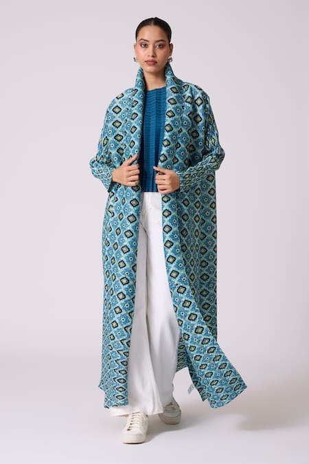 Shop_Scarlet Sage_Blue Polyester Shawl , Crew Mirel Print Jacket And Top Set _Online_at_Aza_Fashions