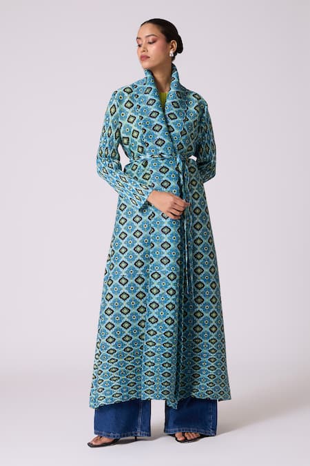 Scarlet Sage_Blue Polyester Shawl , Crew Mirel Print Jacket And Top Set _at_Aza_Fashions