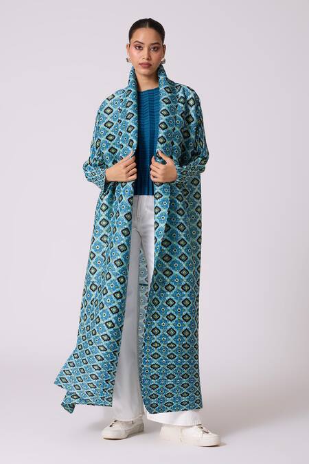 Buy_Scarlet Sage_Blue Polyester Shawl , Crew Mirel Print Jacket And Top Set 