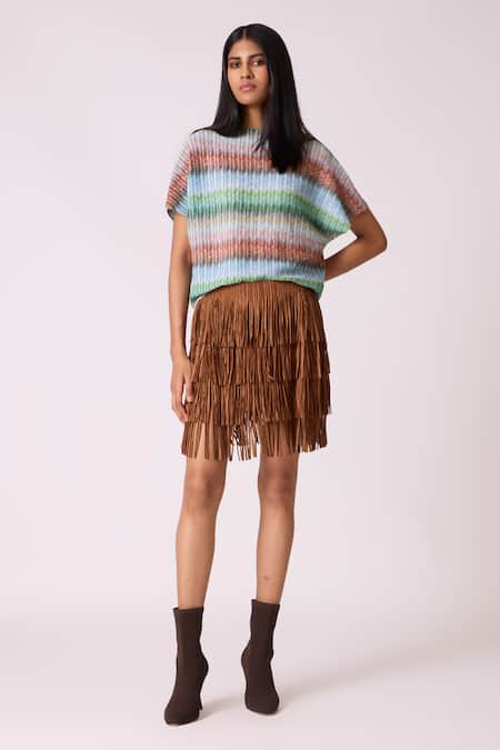 Scarlet Sage_Brown Polyester Fringe Gisa Mini Skirt _Online_at_Aza_Fashions