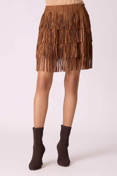 Buy_Scarlet Sage_Brown Polyester Fringe Gisa Mini Skirt _Online_at_Aza_Fashions