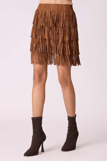 Shop_Scarlet Sage_Brown Polyester Fringe Gisa Mini Skirt _Online_at_Aza_Fashions