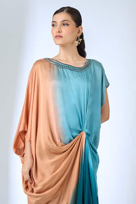 Samyukta Singhania_Orange Satin Embroidery, Beads Round Neck Ombre Effect Kaftan With Pant _at_Aza_Fashions