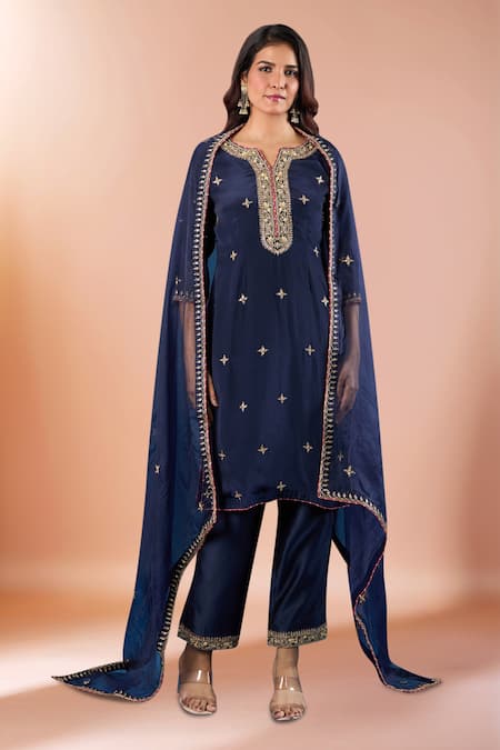 Samyukta Singhania Navy Silk, Organza Embroidery, Zari, Stones Split V-neck Butti Kurta Set 