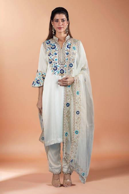 Samyukta Singhania Off White Satin, Organza Embroidery, Sequins, Zari Mandarin Floral Kurta Set 
