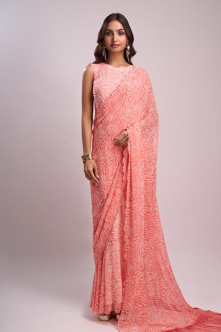 Aza X Shilpa Shetty Kundra Peach Georgette Fringe Round Animal Swirl Print Saree Gown With Detachable Drape 